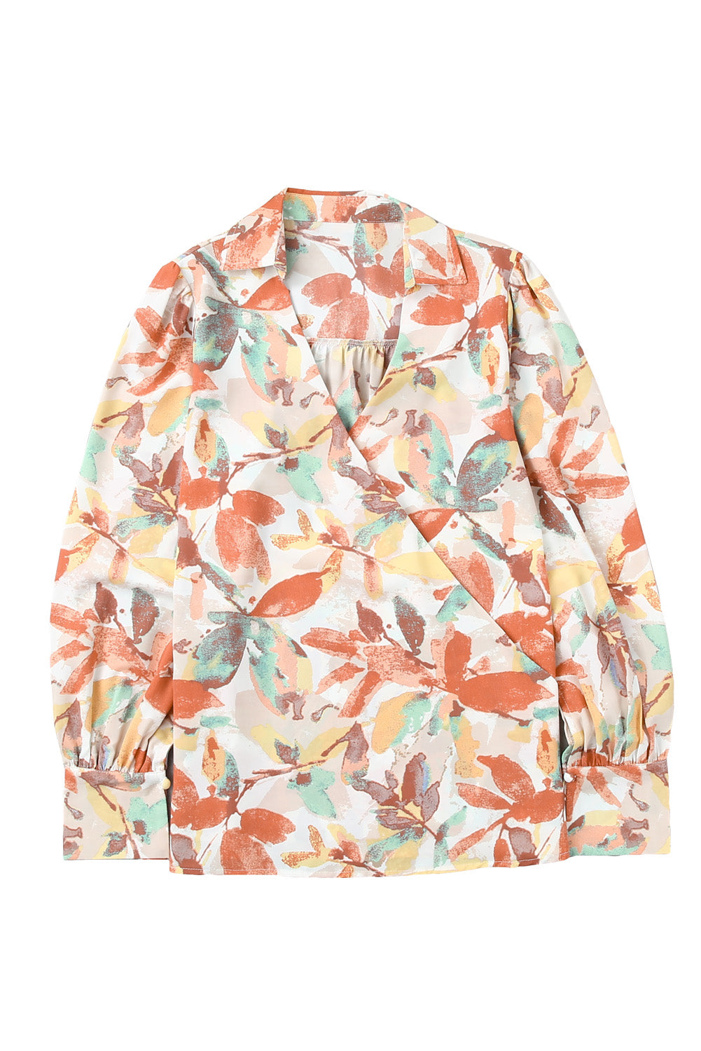 Floral Print Wrap Long Sleeve Blouse featuring a v-neck and puff sleeves, perfect for stylish office wear or casual outings.