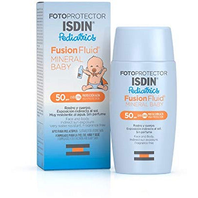 ISDIN Fotoprotector Pediatrics Fusion Fluid Mineral Baby SPF 50+ 50ml bottle with a light blue label, designed for sensitive baby skin.