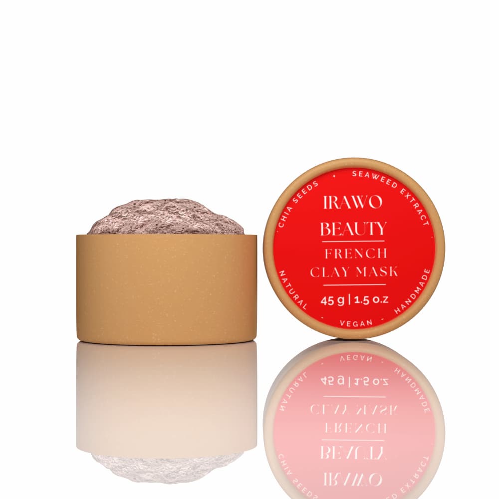 Irawo Beauty French Red Clay Mask in a jar, showcasing its rich, earthy texture and natural ingredients.