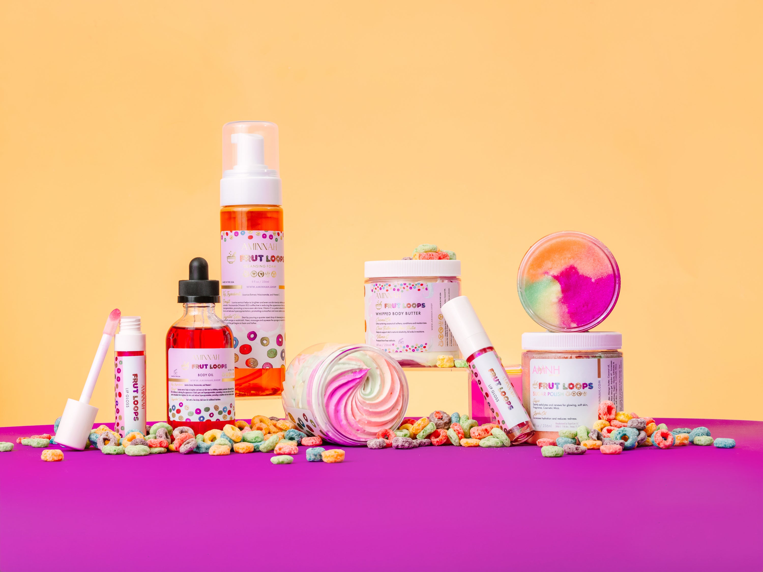 Frut Loops Sugar Scrub in a clear jar with colorful sugar granules resembling Fruit Loops cereal, showcasing its vibrant and fun appearance.