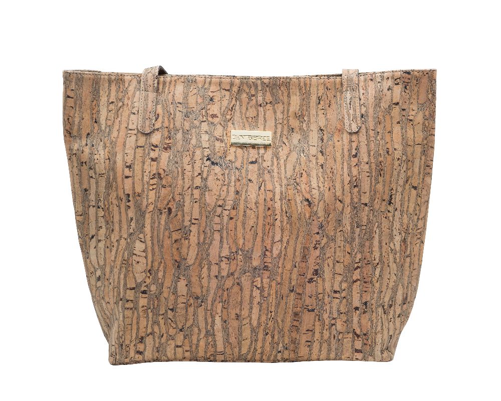 Gaia Vegan Tote made from genuine cork, featuring pink and green textures, spacious design, and elegant gold-tone hardware.