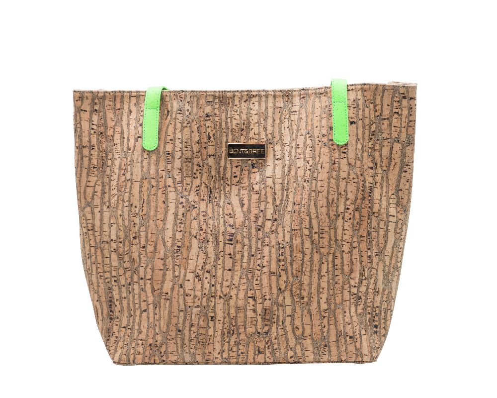 Gaia Vegan Tote made from genuine cork, featuring pink and green textures, spacious design, and elegant gold-tone hardware.