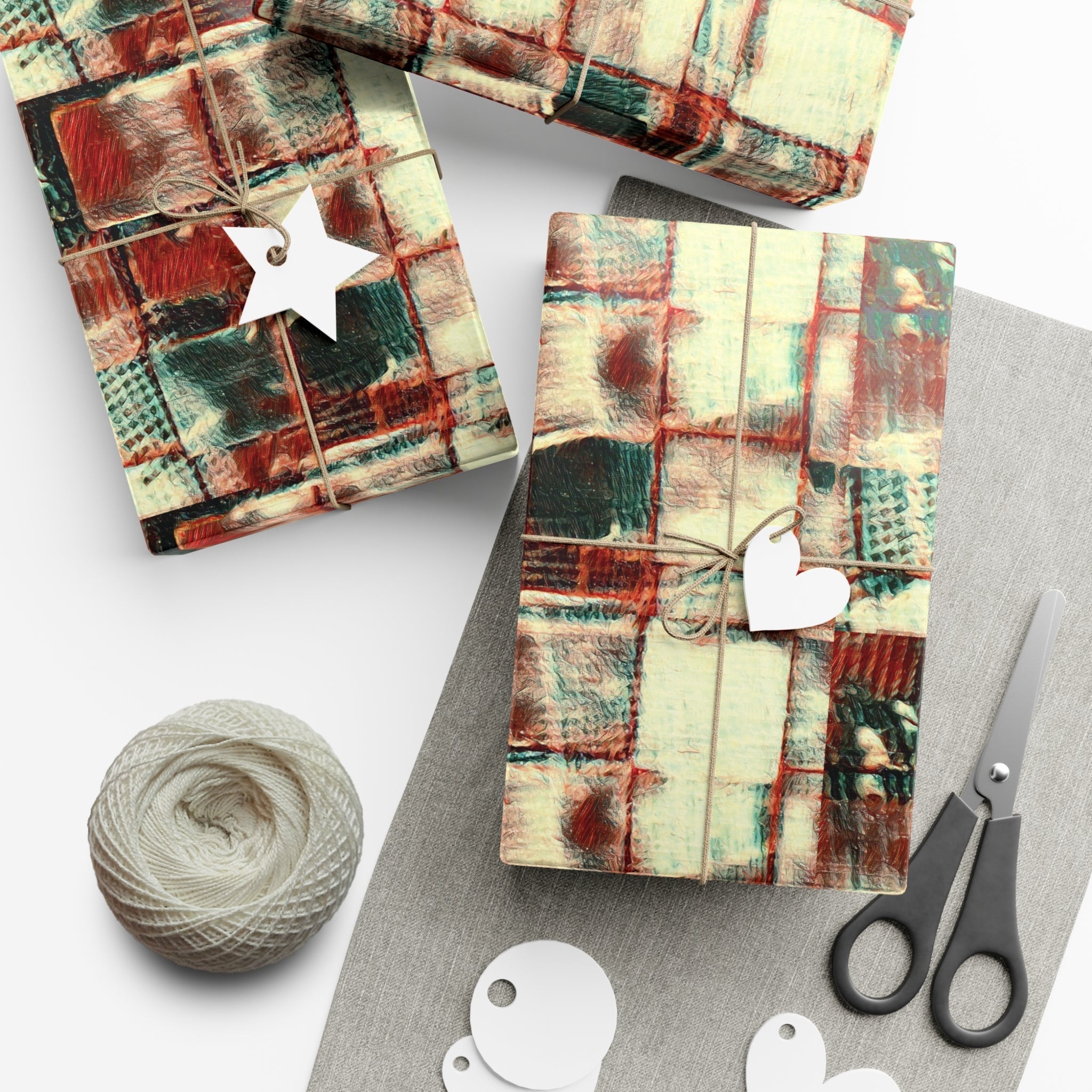 Square Dance gift wrap paper in satin and matte finishes, featuring vibrant patterns and eco-friendly printing.