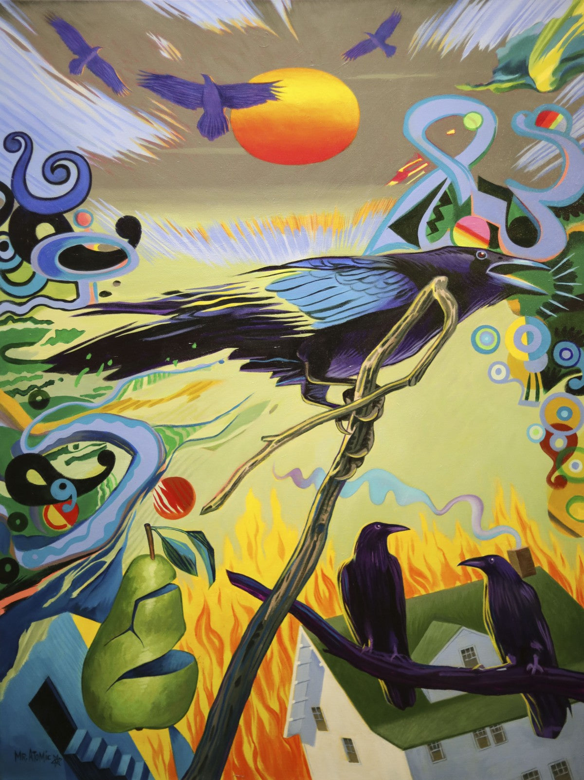 A vibrant art print titled 'Glow of a Hot Sun', showcasing warm colors and dynamic patterns, available in various formats.