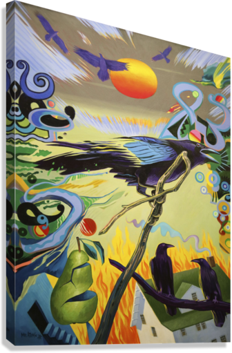 A vibrant art print titled 'Glow of a Hot Sun', showcasing warm colors and dynamic patterns, available in various formats.