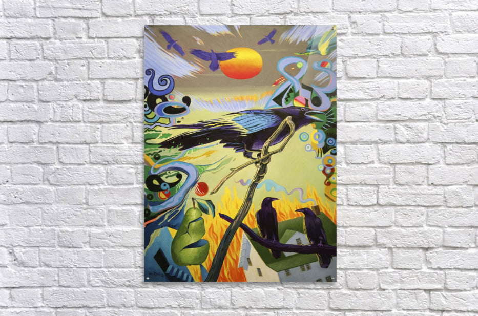 A vibrant art print titled 'Glow of a Hot Sun', showcasing warm colors and dynamic patterns, available in various formats.