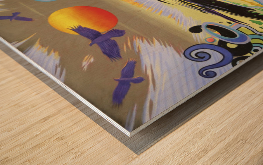 A vibrant art print titled 'Glow of a Hot Sun', showcasing warm colors and dynamic patterns, available in various formats.