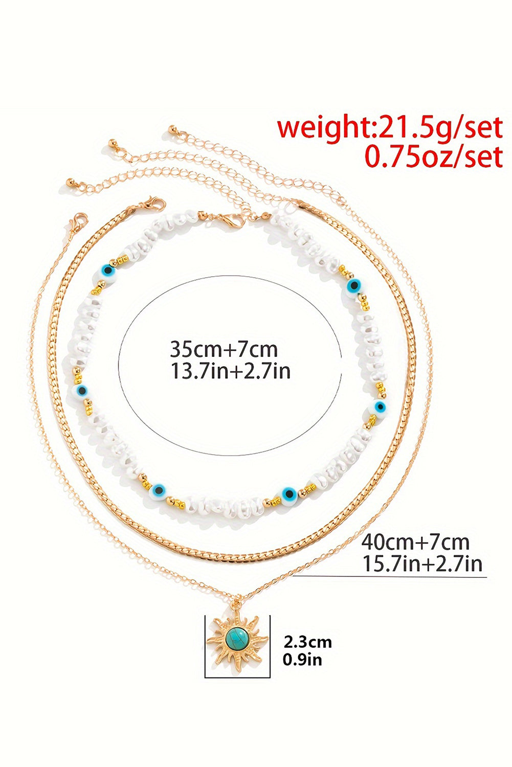 A multi-layered pendant necklace featuring turquoise and pearl beads with a gold sun pendant, elegantly displayed on a soft background.