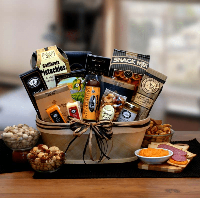 Gourmet Nut & Sausage Gift Basket featuring assorted nuts, sausages, and cheeses in a split wood container with a decorative bow.