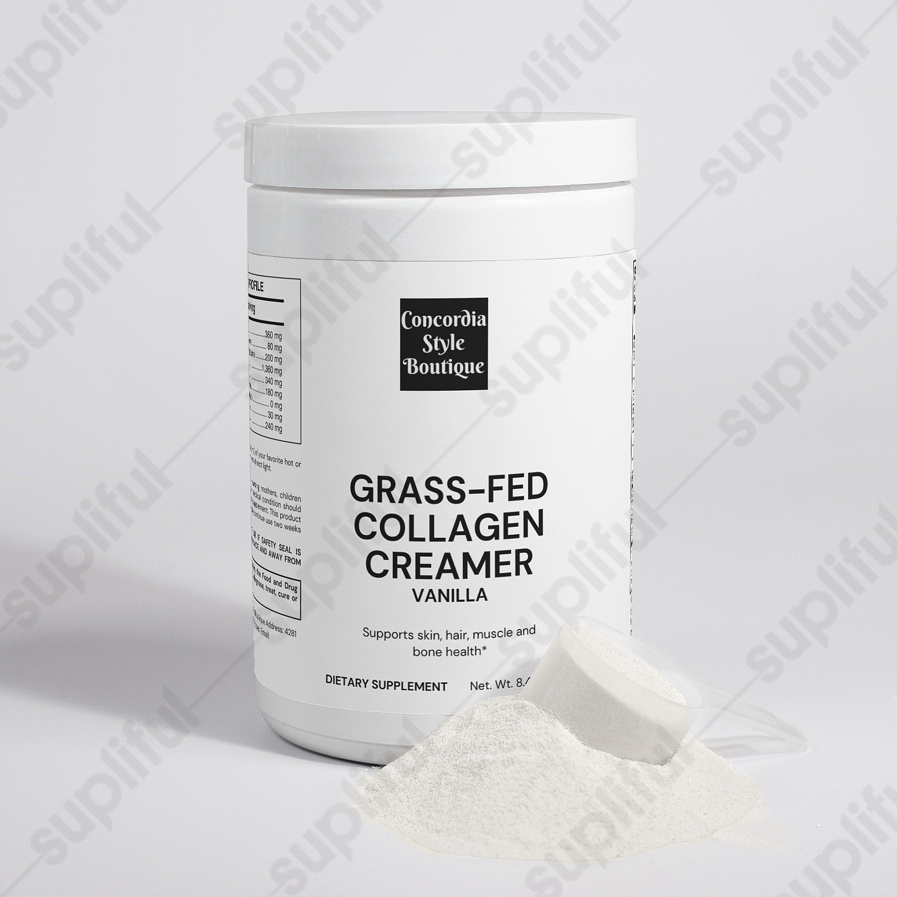 A container of Grass-Fed Collagen Creamer in Vanilla flavor, showcasing its creamy texture and premium ingredients.