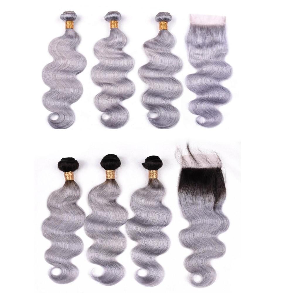 Gray 10A Grade Silver #1B/Silver Body Wave Bundles with Closures displayed elegantly, showcasing the luxurious texture and color.