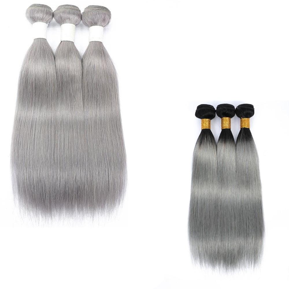 Gray 10A Grade Silver #1B/Silver Straight hair bundles with closures, showcasing the luxurious texture and color.