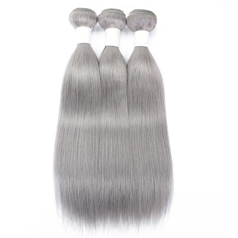 Gray 10A Grade Silver #1B/Silver Straight hair bundles with closures, showcasing the luxurious texture and color.