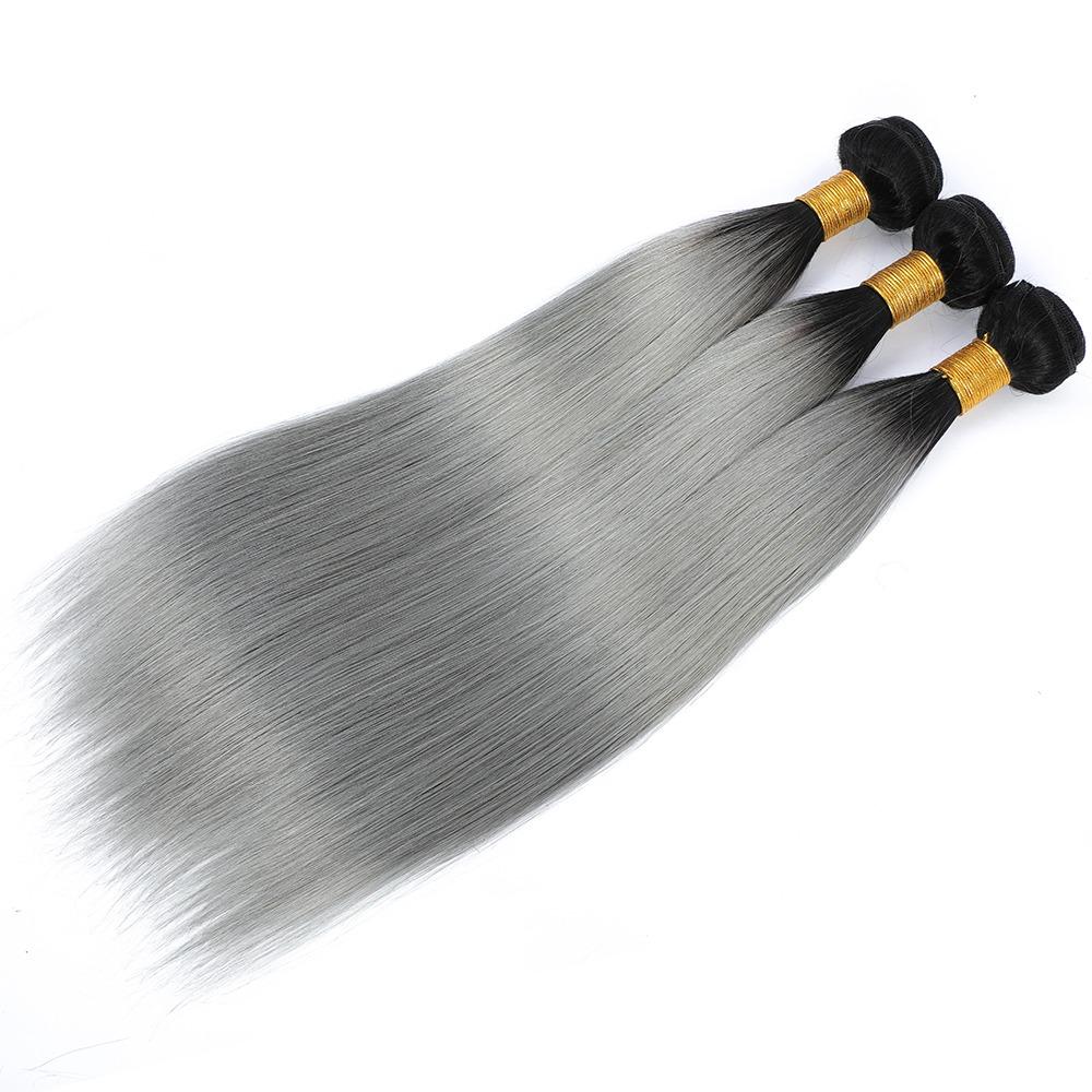 Gray 10A Grade Silver #1B/Silver Straight hair bundles with closures, showcasing the luxurious texture and color.