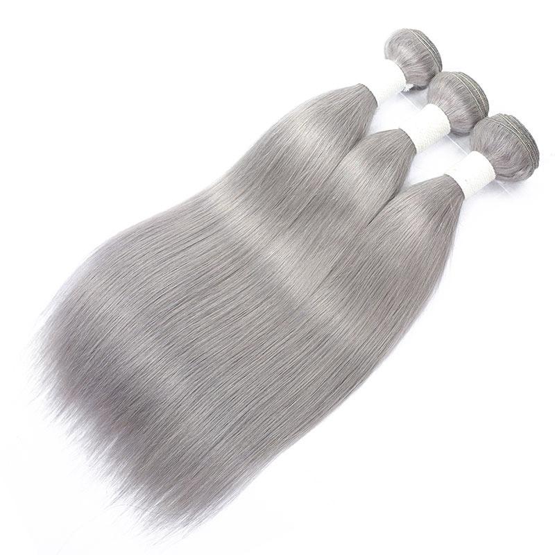 Gray 10A Grade Silver #1B/Silver Straight hair bundles with closures, showcasing the luxurious texture and color.