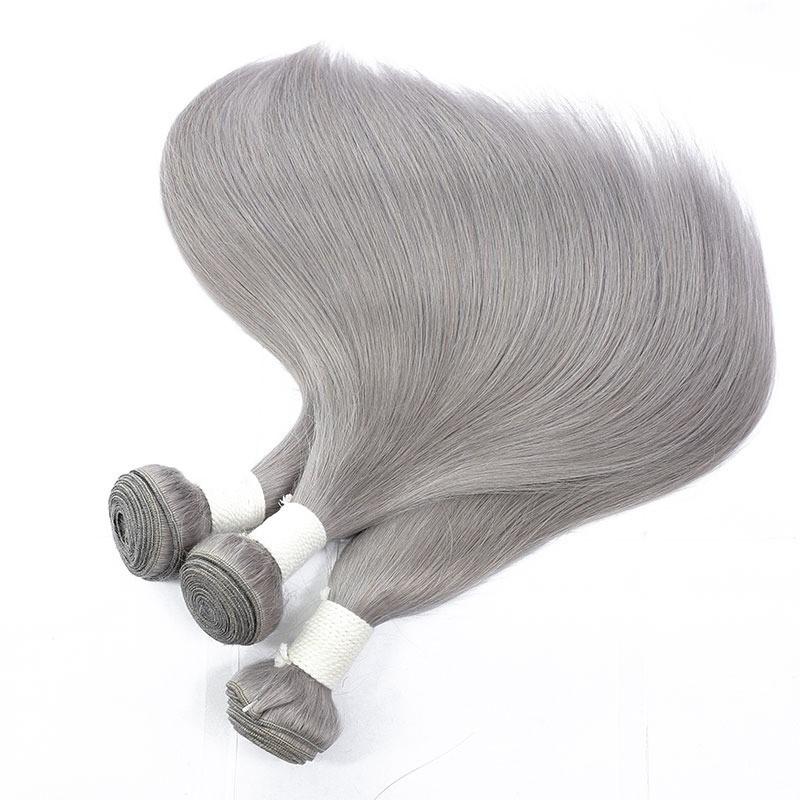 Gray 10A Grade Silver #1B/Silver Straight hair bundles with closures, showcasing the luxurious texture and color.
