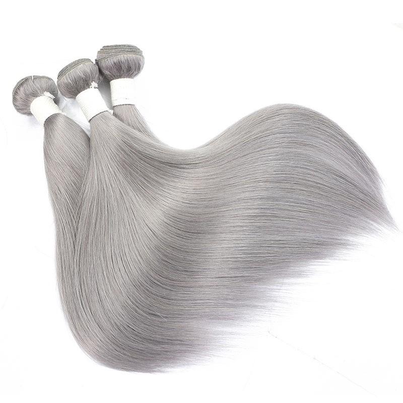 Gray 10A Grade Silver #1B/Silver Straight hair bundles with closures, showcasing the luxurious texture and color.