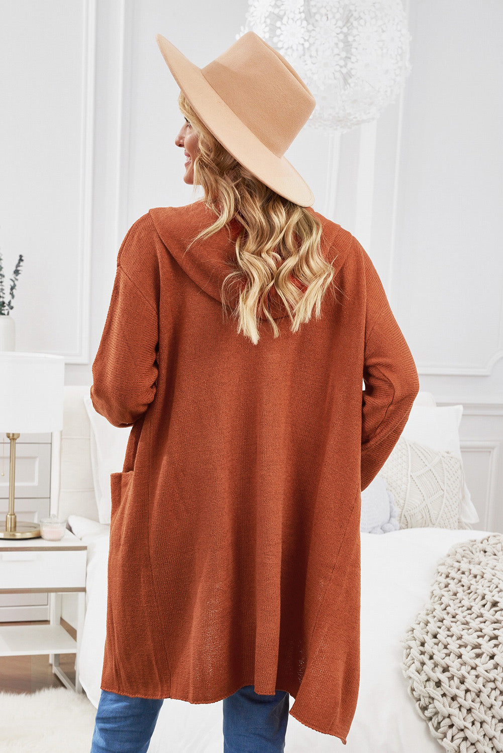 Gray Black/Gray/Brown Open Front Hooded Sweater Cardigan displayed on a mannequin, showcasing its stylish design and cozy fabric.