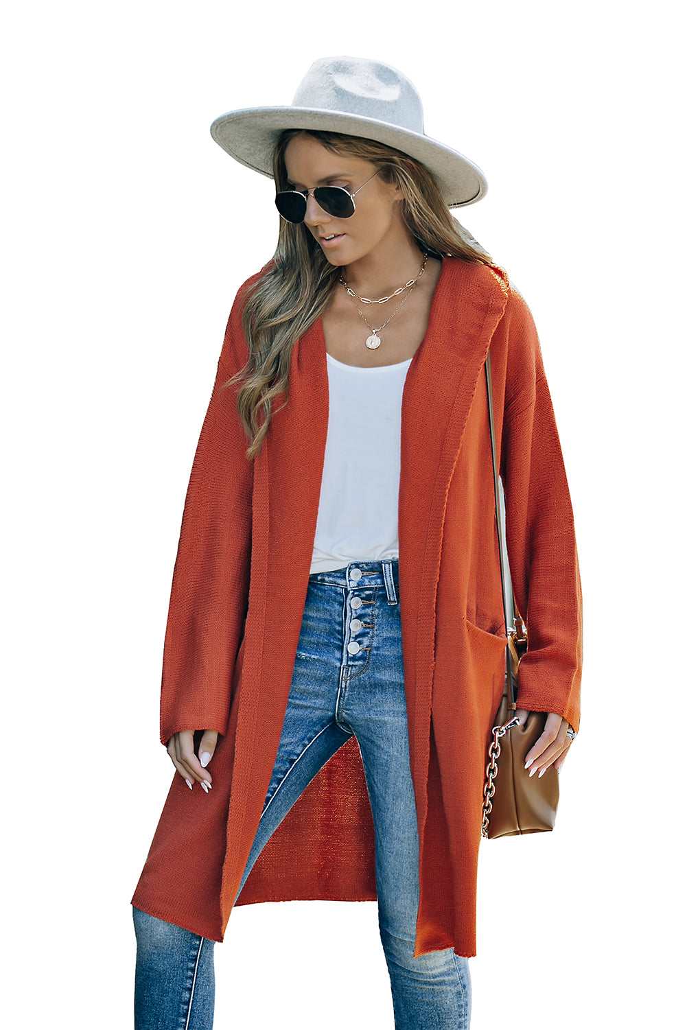 Gray Black/Gray/Brown Open Front Hooded Sweater Cardigan displayed on a mannequin, showcasing its stylish design and cozy fabric.