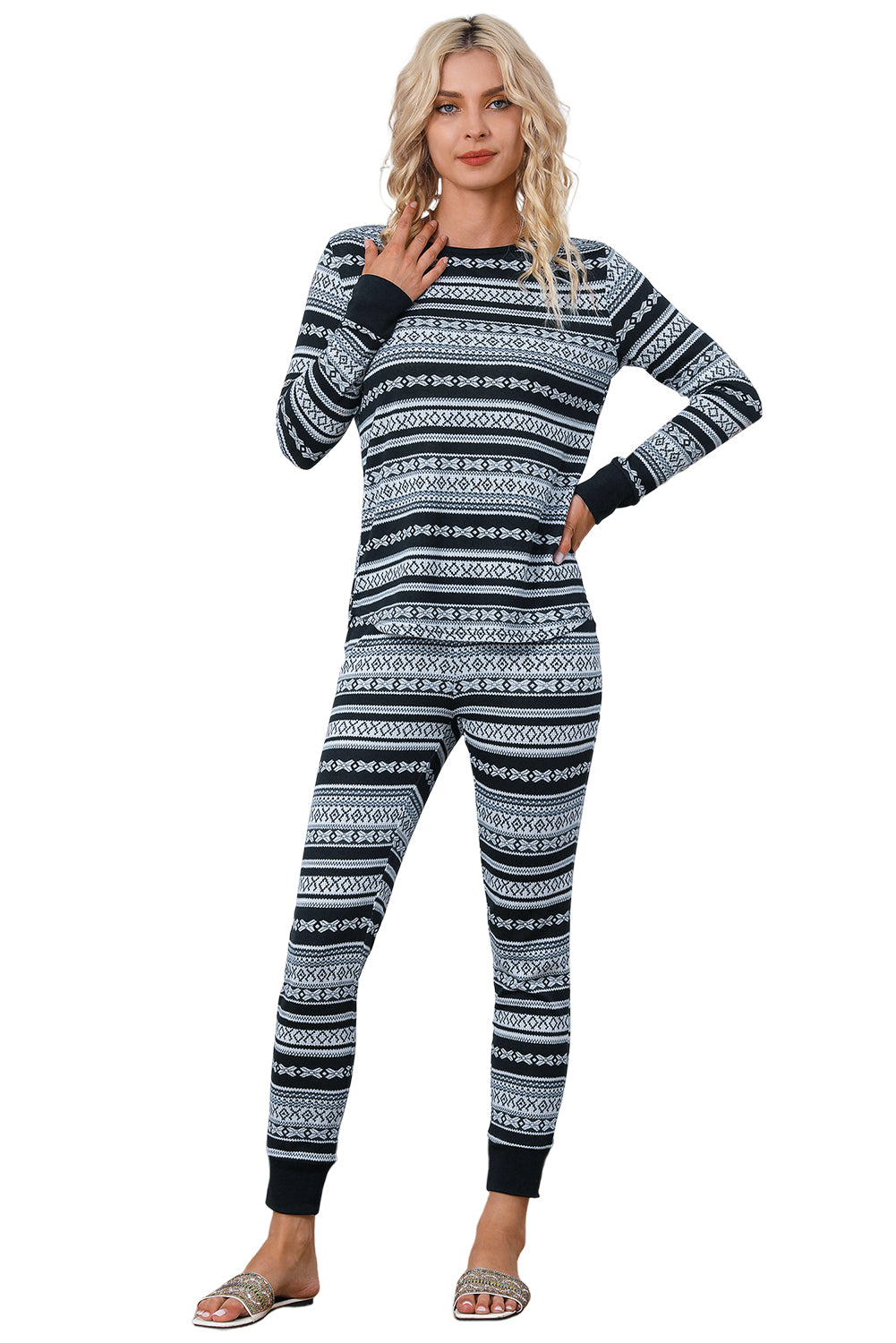 Gray Pink Christmas Pattern Print Long Sleeve Top and Skinny Pant set, featuring a stylish design perfect for festive lounging.