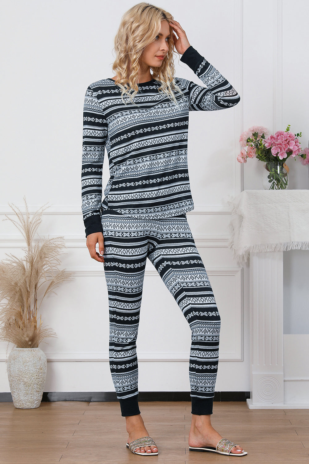 Gray Pink Christmas Pattern Print Long Sleeve Top and Skinny Pant set, featuring a stylish design perfect for festive lounging.