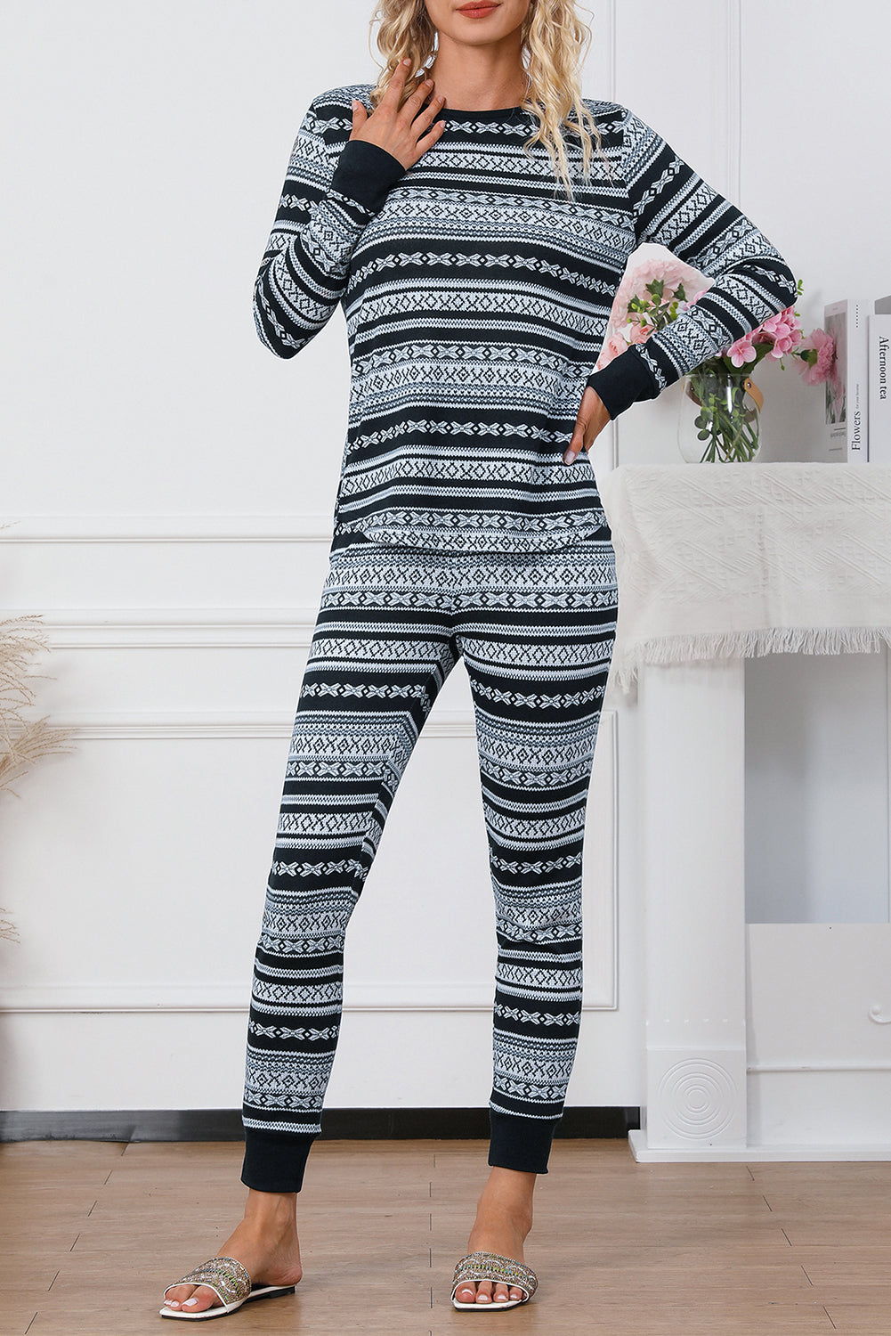 Gray Pink Christmas Pattern Print Long Sleeve Top and Skinny Pant set, featuring a stylish design perfect for festive lounging.