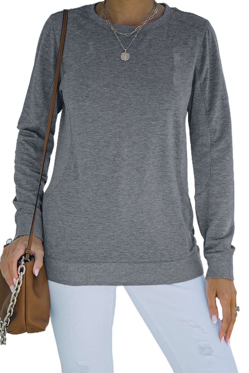 Gray solid crew neck pullover sweatshirt displayed on a mannequin, showcasing its long sleeves and comfortable fit.