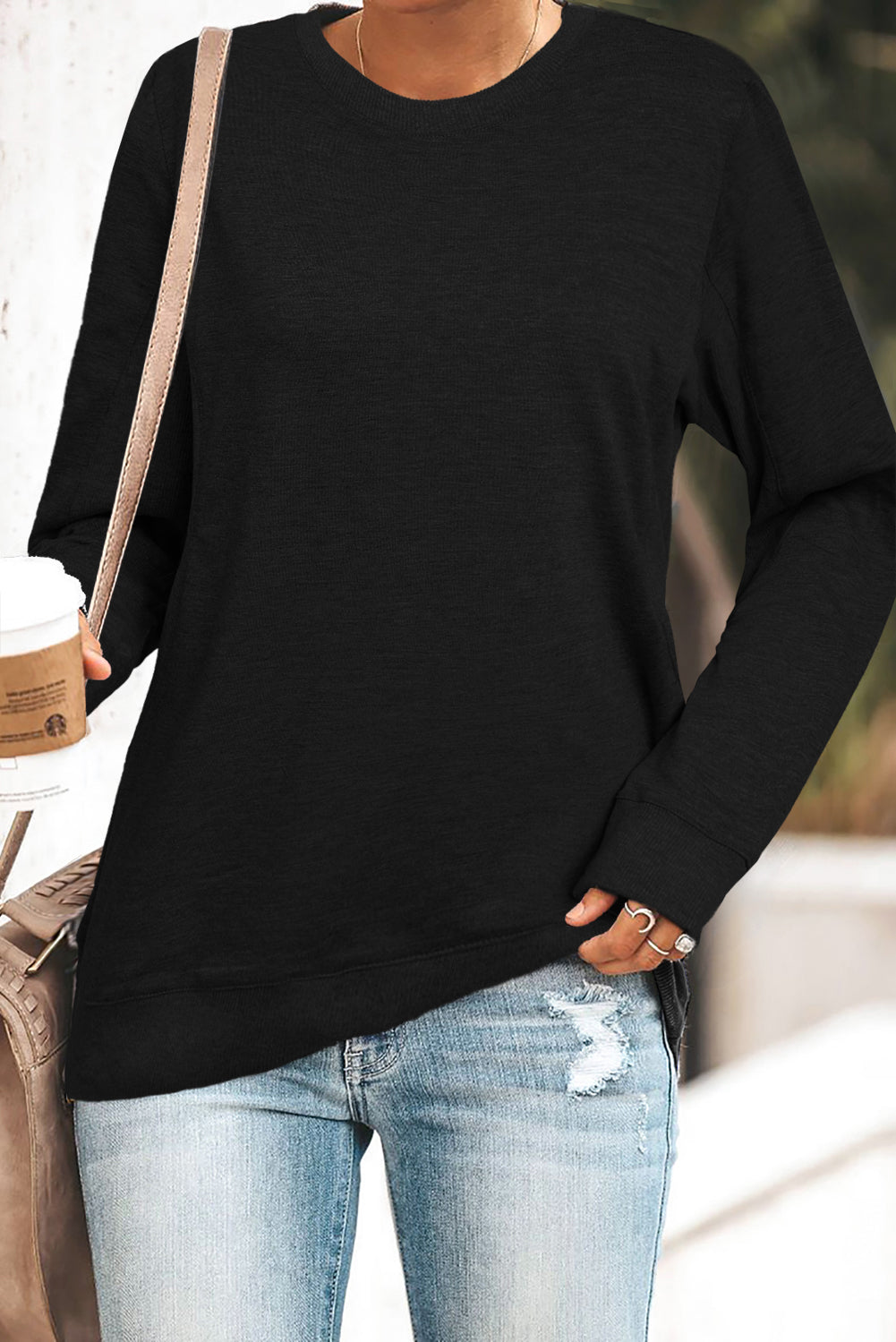 Gray solid crew neck pullover sweatshirt displayed on a mannequin, showcasing its long sleeves and comfortable fit.