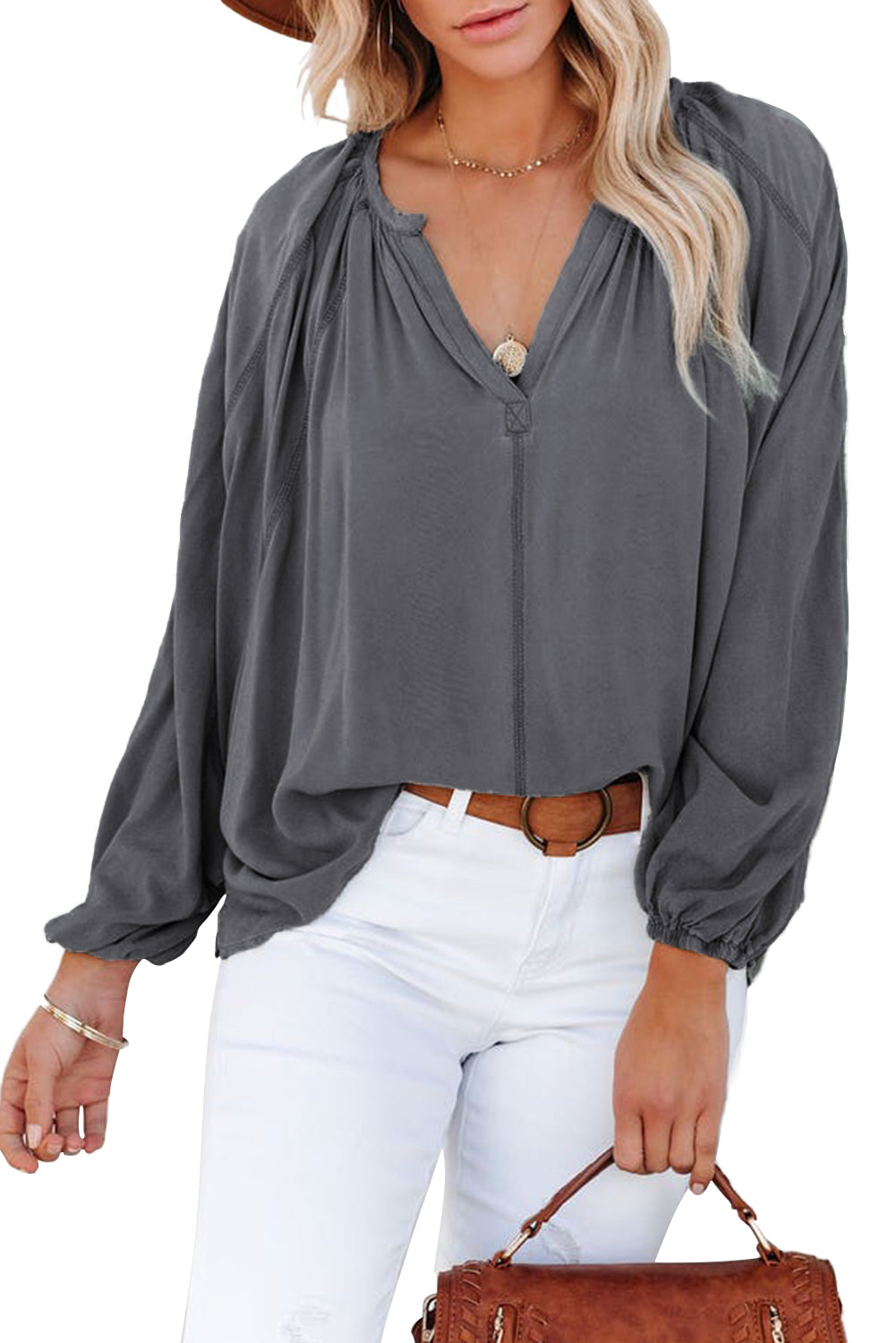 Gray Split V Neck Dolman Top featuring a relaxed fit, long sleeves with elastic cuffs, and a stylish high-low hemline.