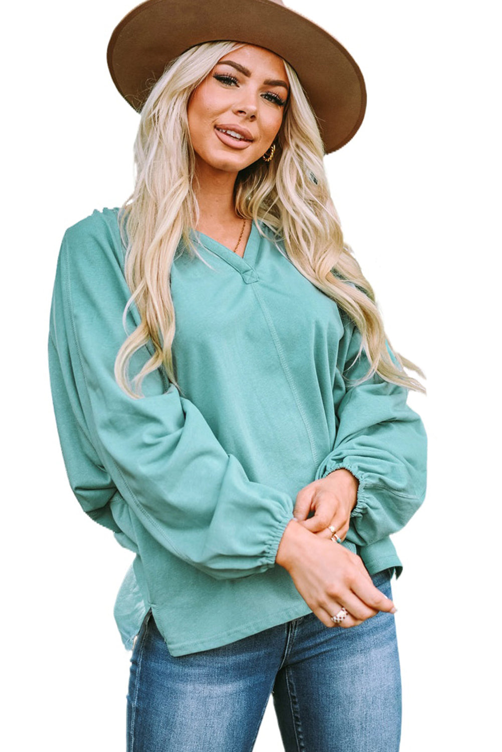 Gray Split V Neck Dolman Top featuring a relaxed fit, long sleeves with elastic cuffs, and a stylish high-low hemline.