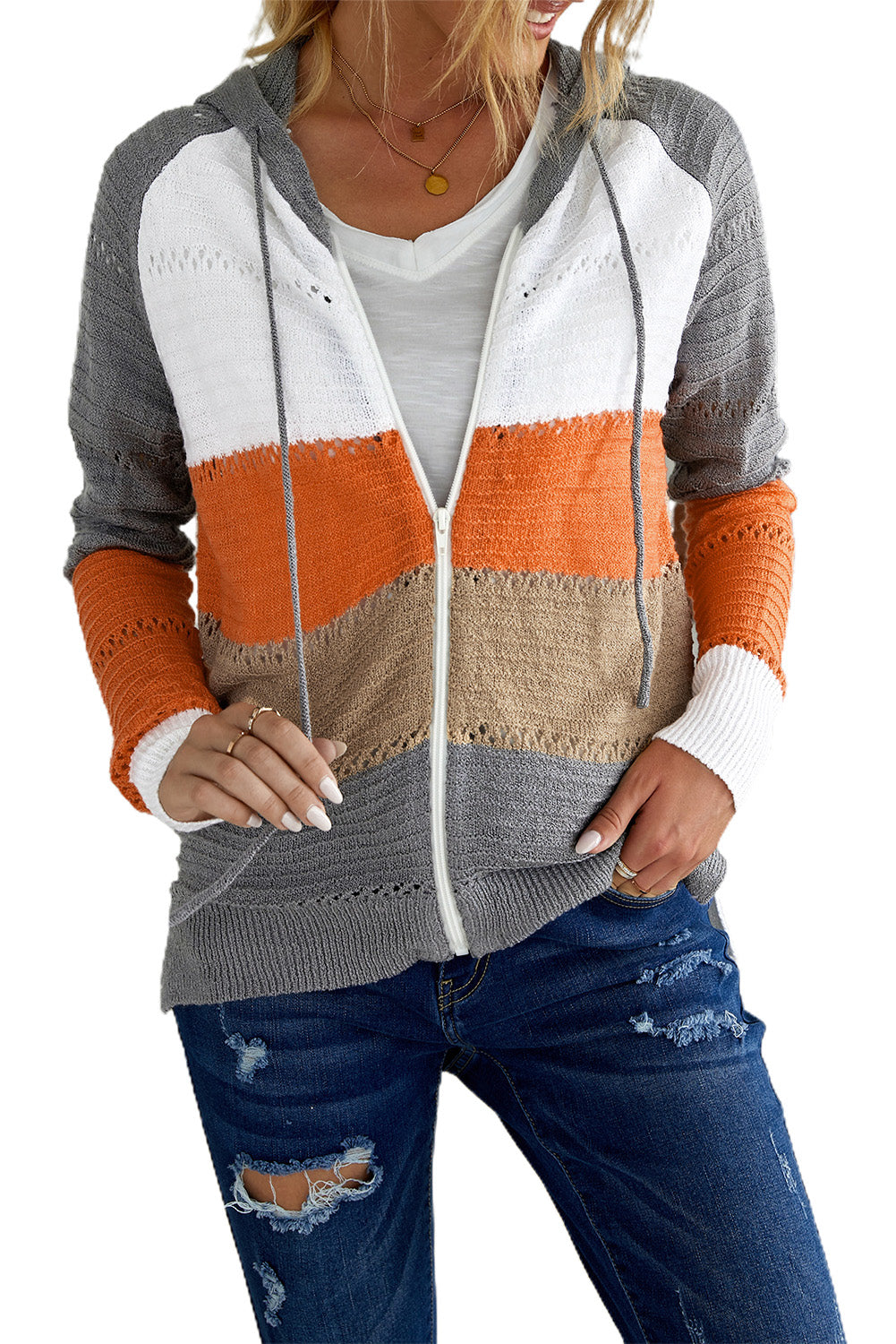 Gray zipped front colorblock hollow-out knit hoodie with drawstring hood and stylish design.