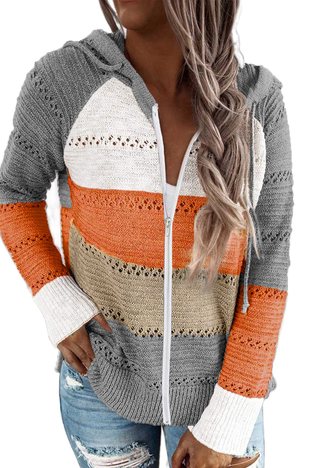 Gray zipped front colorblock hollow-out knit hoodie with drawstring hood and stylish design.