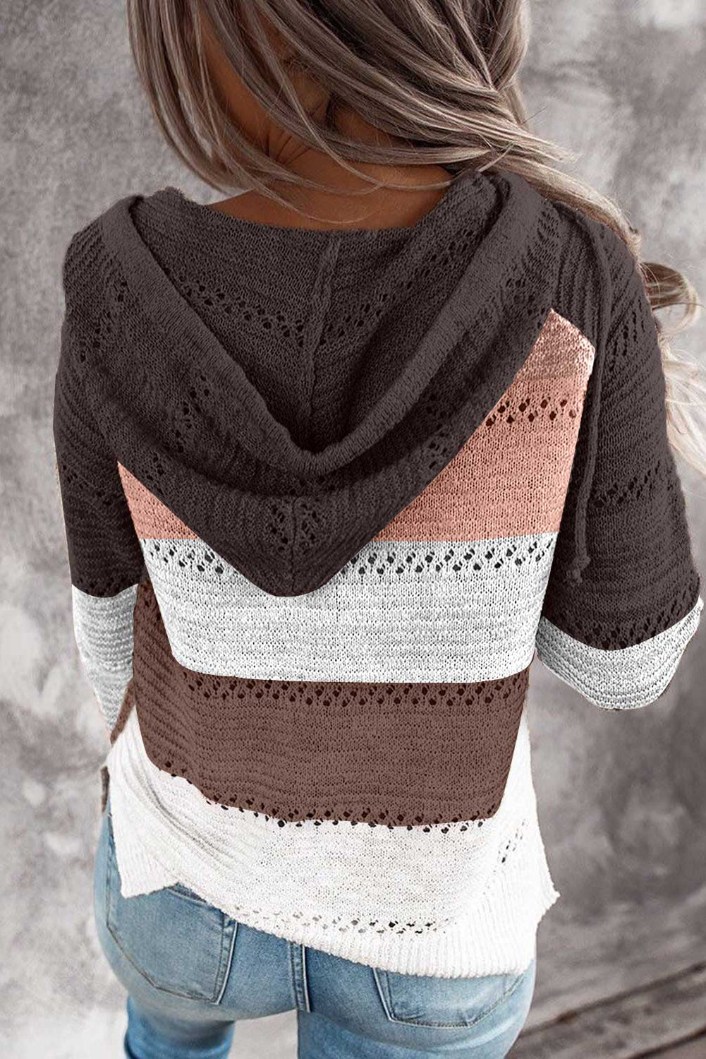 Gray zipped front colorblock hollow-out knit hoodie with drawstring hood and stylish design.