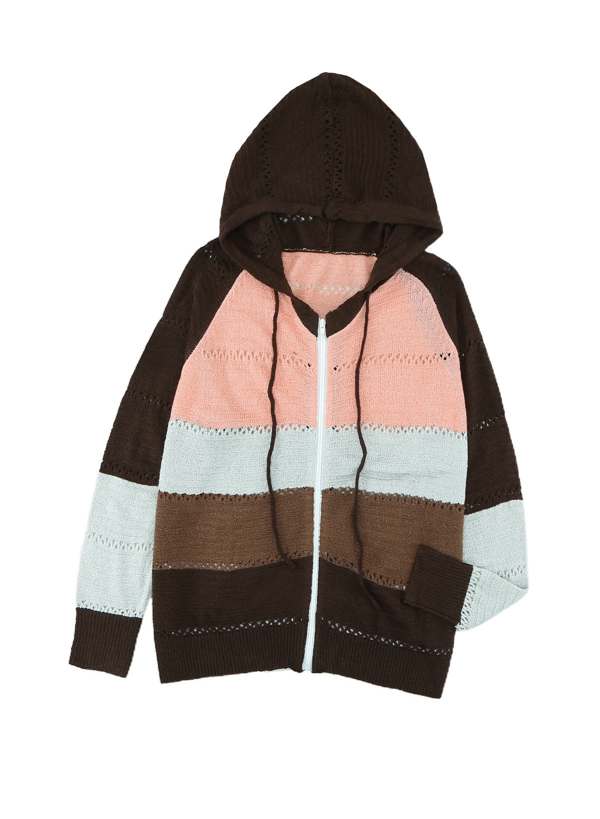 Gray zipped front colorblock hollow-out knit hoodie with drawstring hood and stylish design.