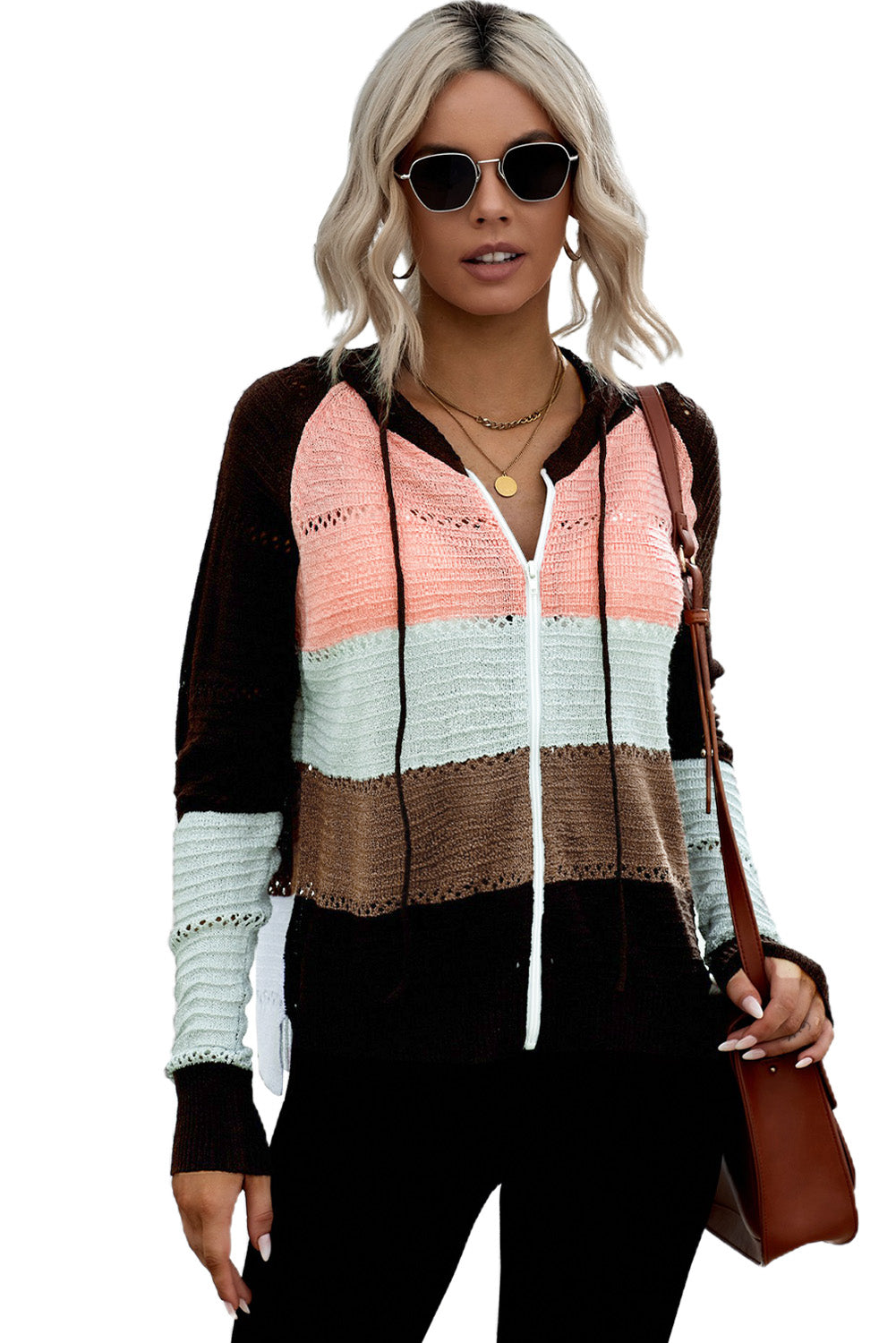 Gray zipped front colorblock hollow-out knit hoodie with drawstring hood and stylish design.