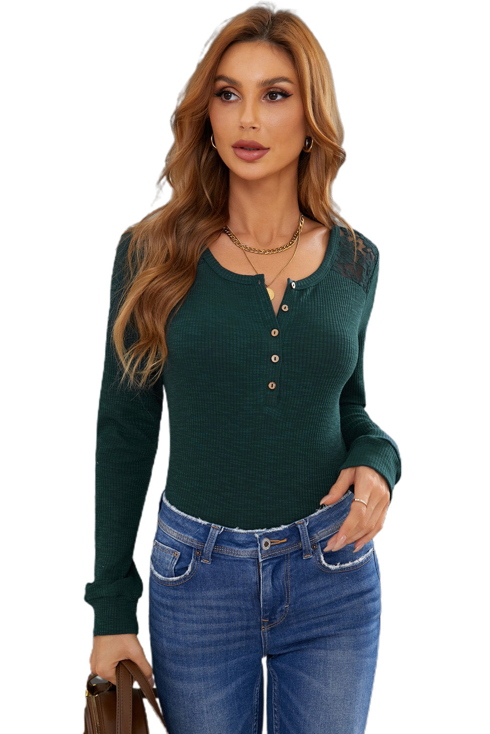 A stylish green henley top featuring a lace back and button detail, perfect for casual and semi-formal occasions.