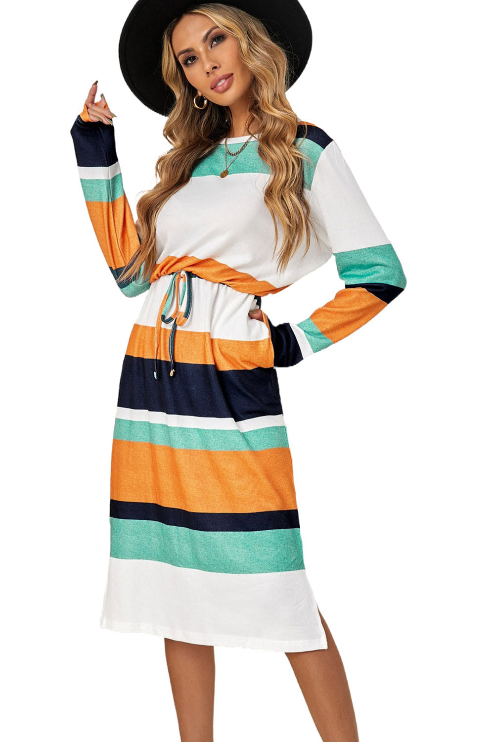 A stylish green multicolor block midi dress with a drawstring waist and long sleeves, perfect for fall fashion.