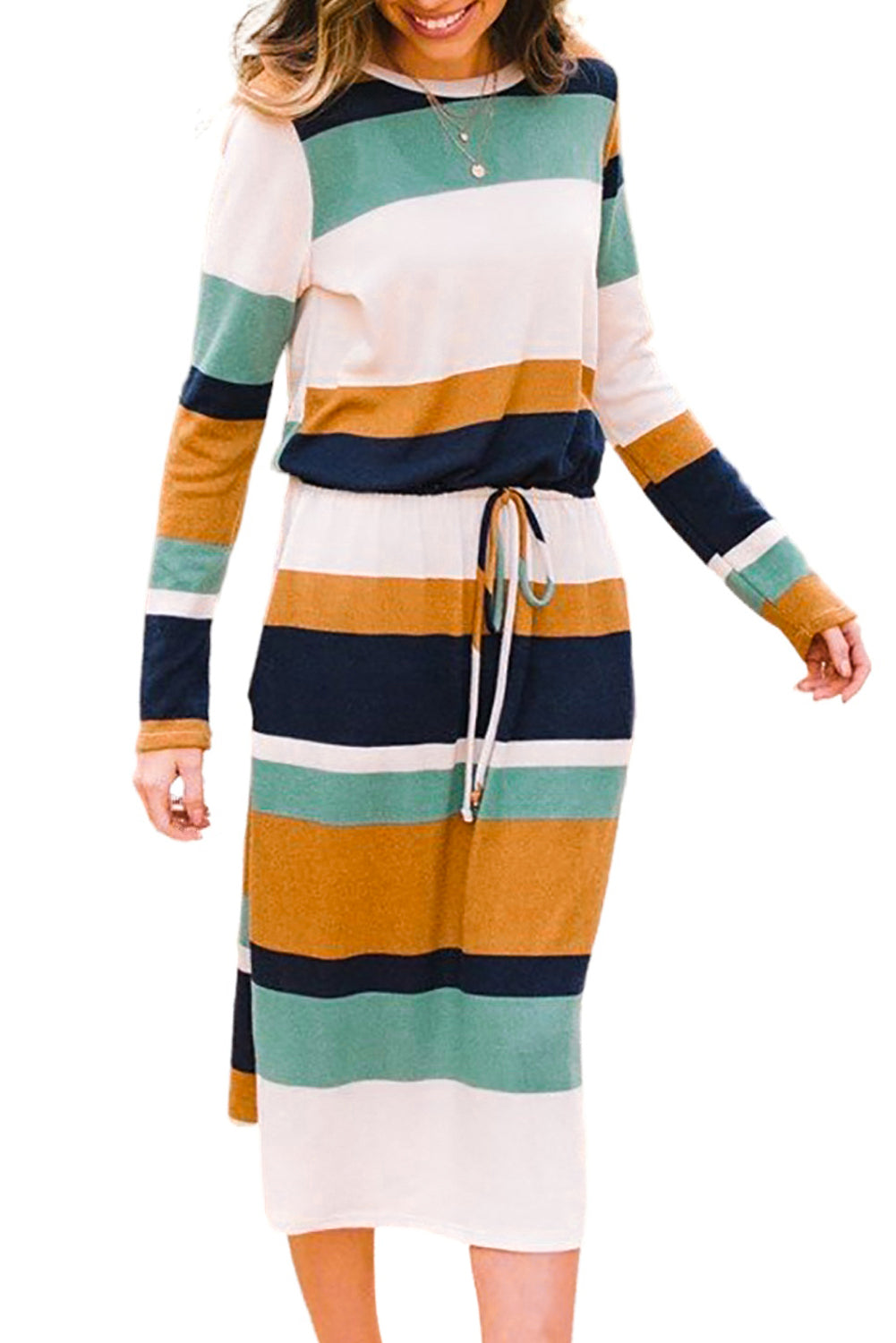 A stylish green multicolor block midi dress with a drawstring waist and long sleeves, perfect for fall fashion.