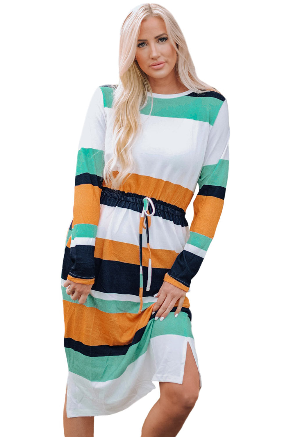 A stylish green multicolor block midi dress with a drawstring waist and long sleeves, perfect for fall fashion.