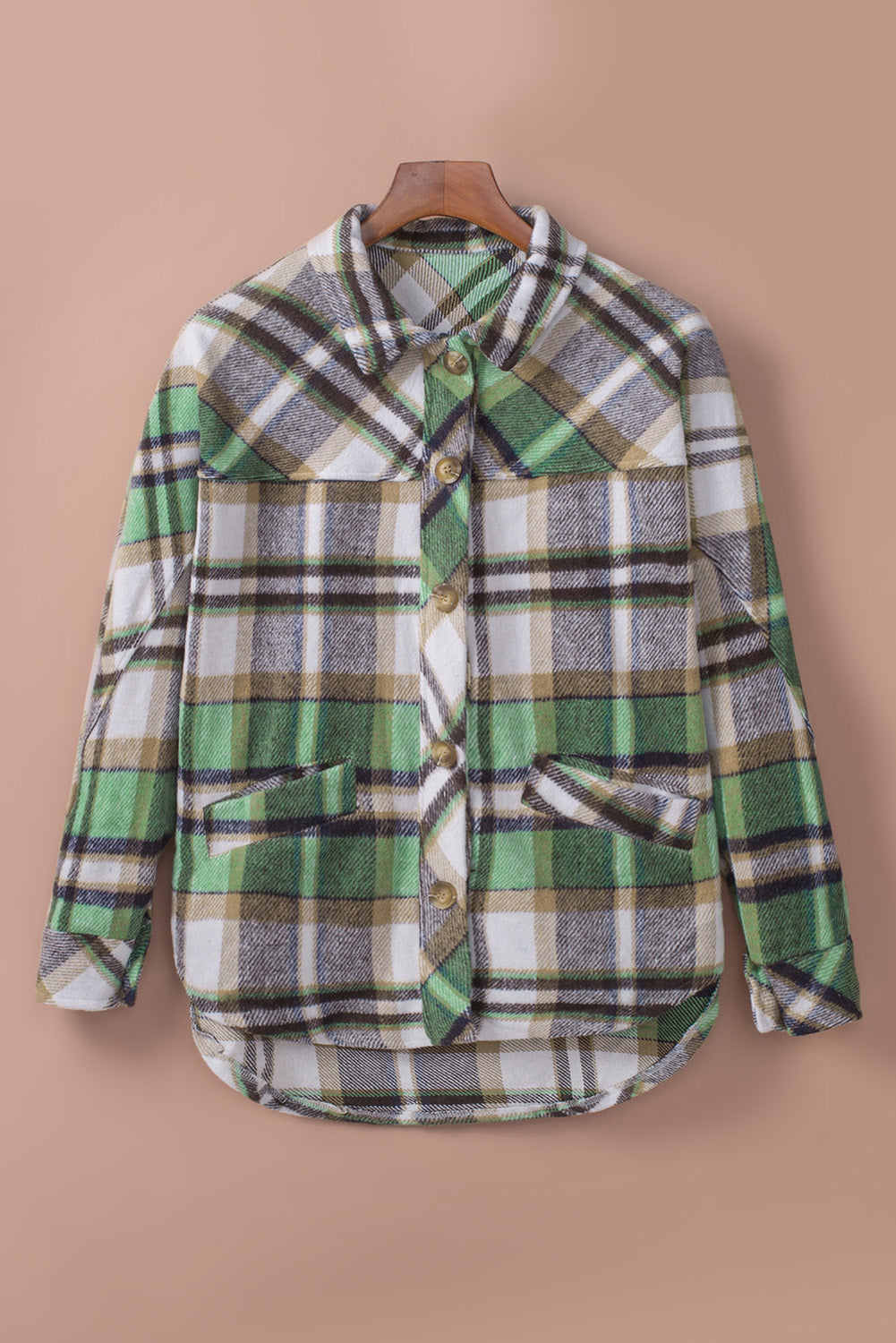 Green plaid shacket with pockets, featuring a turn-down collar and button closure, perfect for stylish layering.