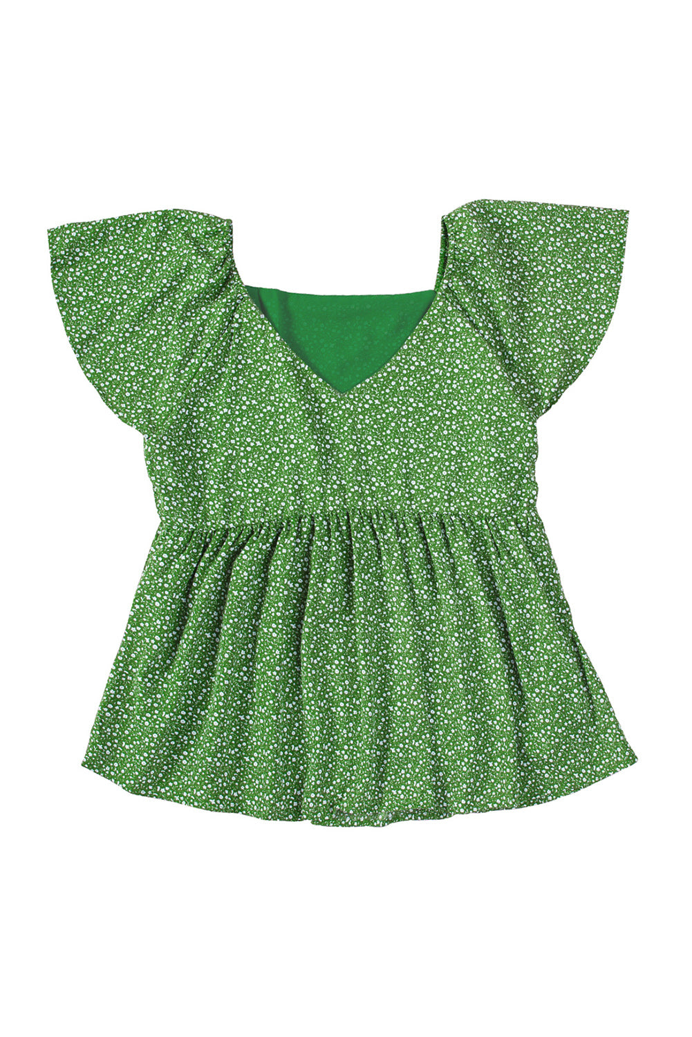 A stylish green plus size floral peplum top featuring a v-neck, flutter sleeves, and a flowy waist design, perfect for casual outings.