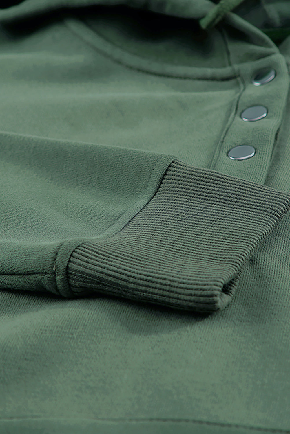 Green Snap Button Pullover Hoodie featuring a kangaroo pocket and drawstring hood, perfect for casual wear.