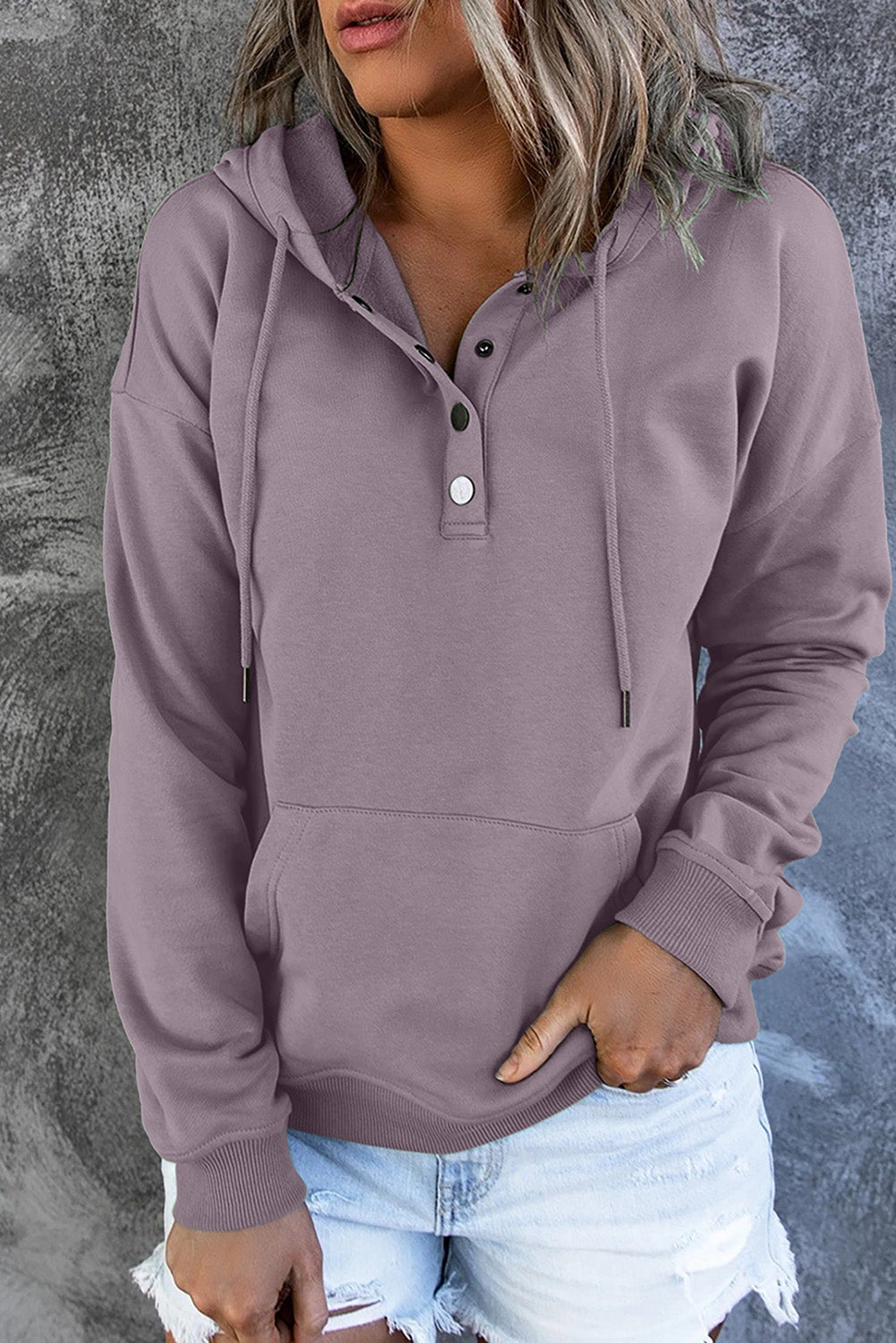 Green Snap Button Pullover Hoodie featuring a kangaroo pocket and drawstring hood, perfect for casual wear.