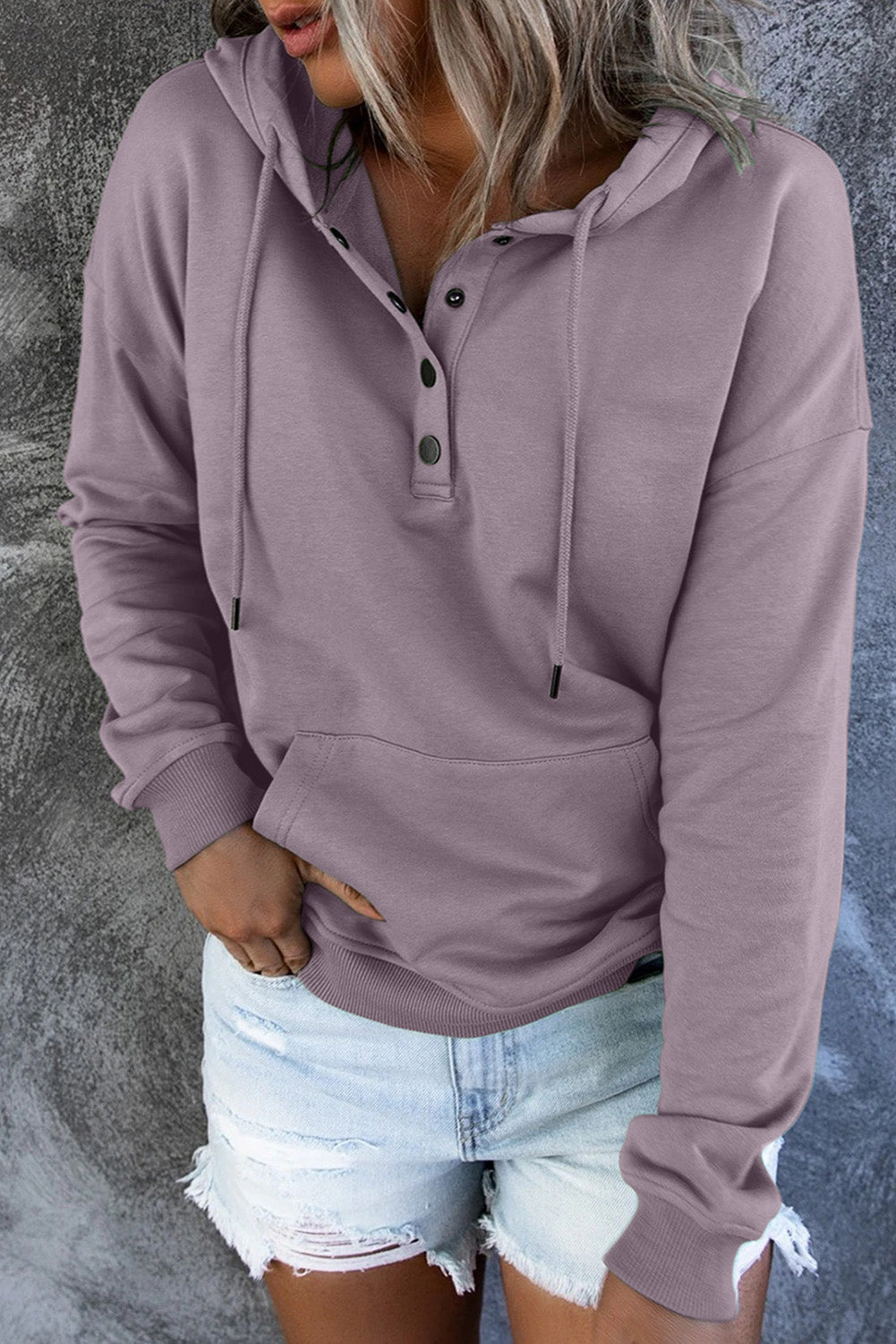 Green Snap Button Pullover Hoodie featuring a kangaroo pocket and drawstring hood, perfect for casual wear.