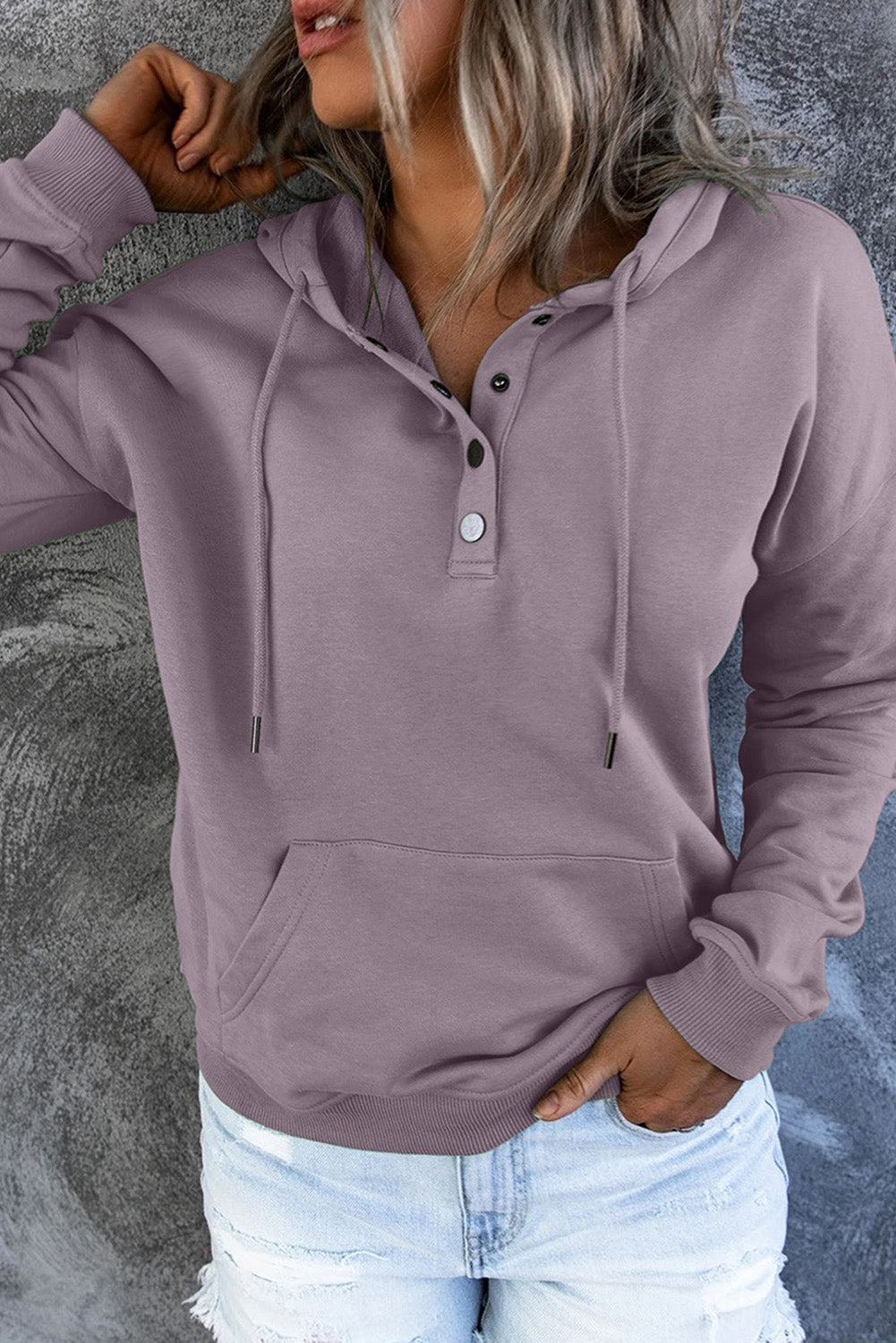Green Snap Button Pullover Hoodie featuring a kangaroo pocket and drawstring hood, perfect for casual wear.