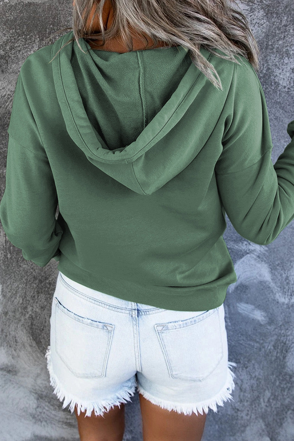 Green Snap Button Pullover Hoodie featuring a kangaroo pocket and drawstring hood, perfect for casual wear.