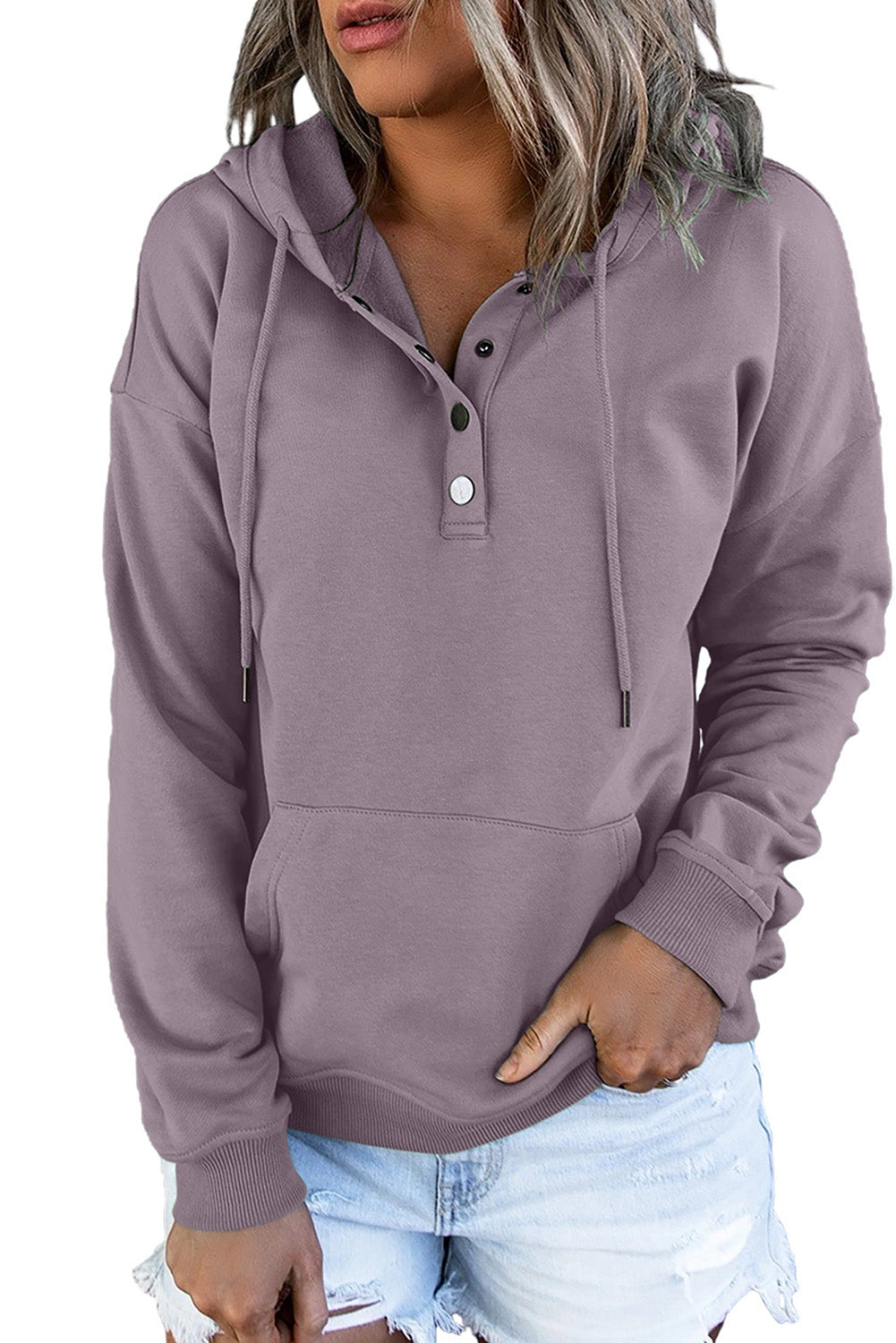 Green Snap Button Pullover Hoodie featuring a kangaroo pocket and drawstring hood, perfect for casual wear.