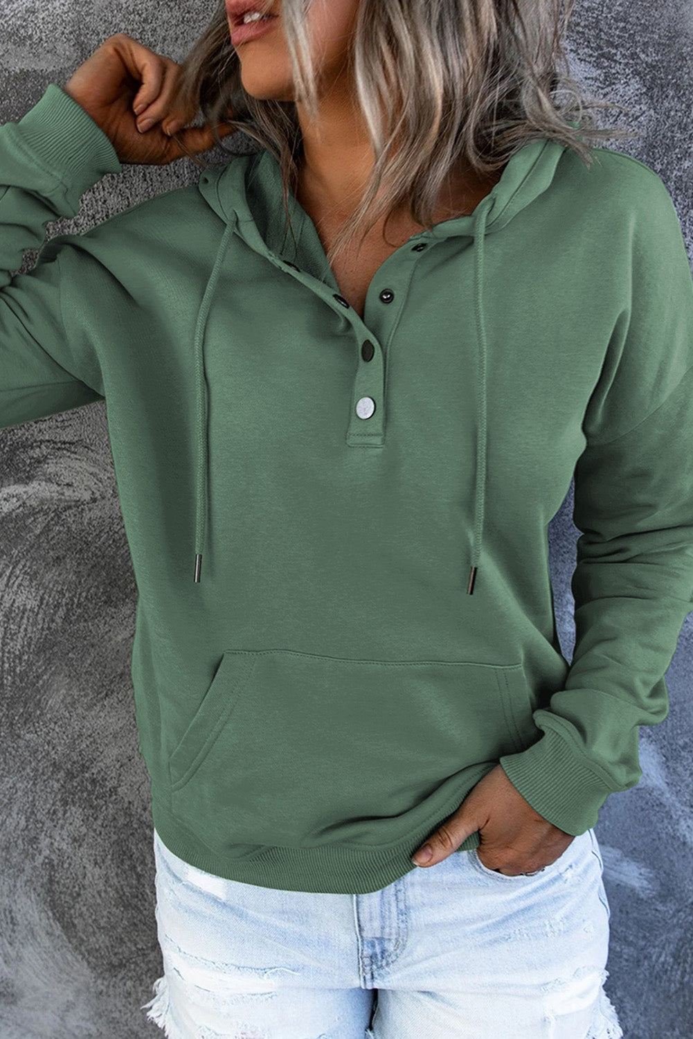 Green Snap Button Pullover Hoodie featuring a kangaroo pocket and drawstring hood, perfect for casual wear.