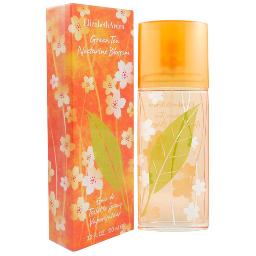 Bottle of Green Tea Nectarine Blossom Eau de Toilette by Elizabeth Arden, featuring a floral design and vibrant colors.