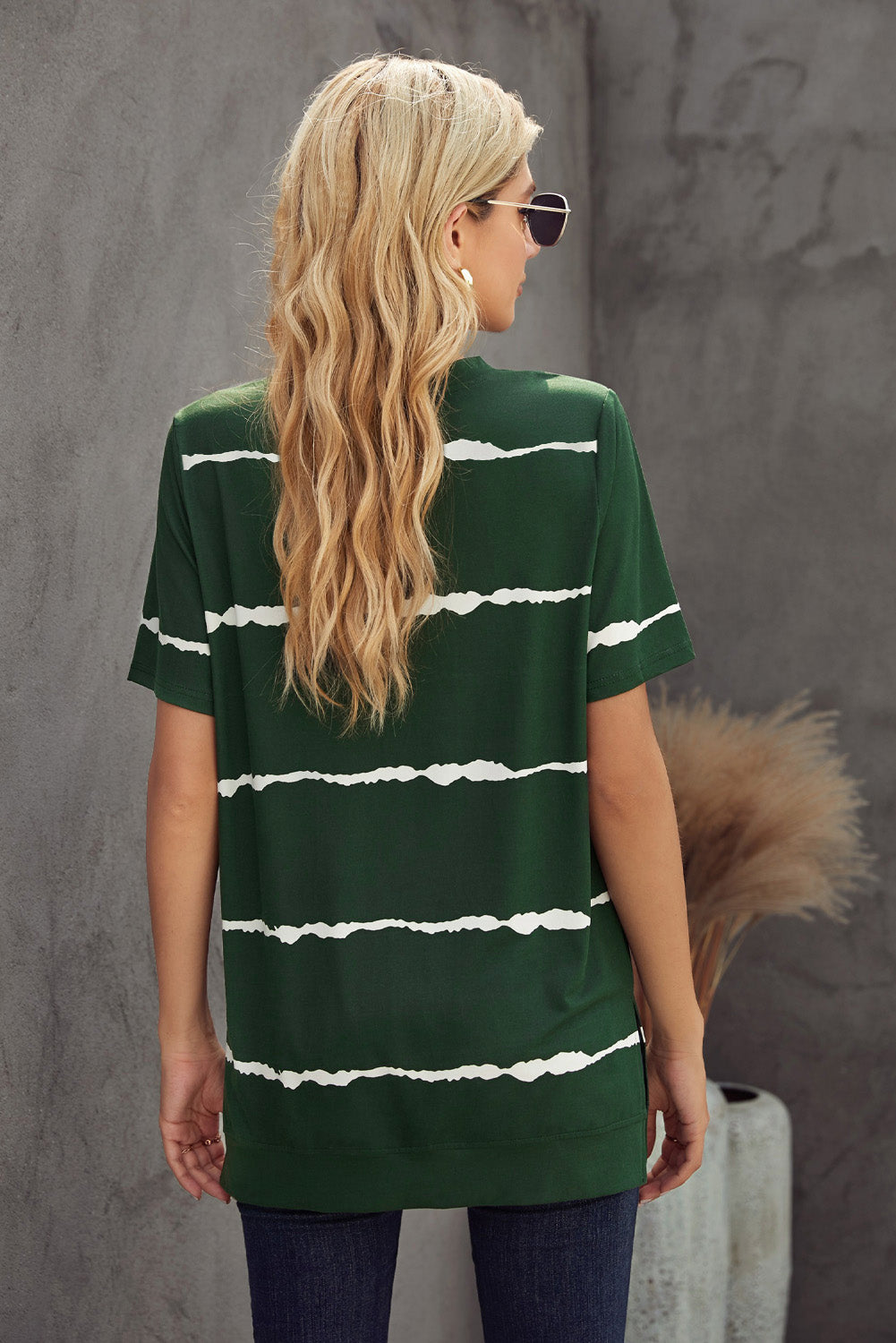 Green Tie-dye Stripe Casual T-Shirt displayed on a mannequin, showcasing its stylish design and soft fabric.